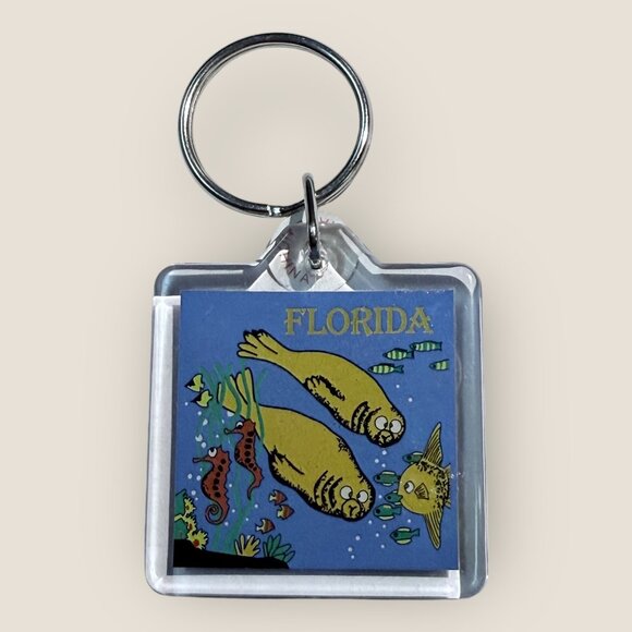 Florida Manatee Keychain Keyring with Ocean Design - Picture 2 of 2